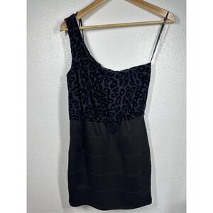 Forever 21 Dress Womens Medium Black Blue One Shoulder Velvet Bodycon Cocktail